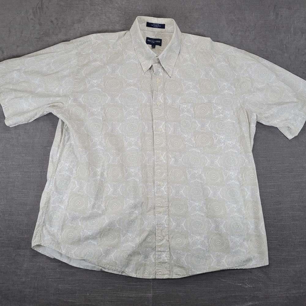 Alan Flusser Y2K Mens 2XL Short Sleeve Button Up Shirt Beige Paisley‎ Cotton